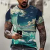 Suministro Directo desde la Fábrica de Origen, Camiseta Cruzada para Hombre Estilo Japonés con Estampado de Olas, Estilo Ukiyo-E Cuello Redondo Casual Manga Corta
