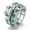 Conjunto de Anéis Femininos de Moda Europeia e Americana Transfronteiriça de Camada Dupla com Diamantes de Corte Quadrado e Zircônias Verdes e Brancas, Presente de Aniversário com Cravação de Zircônias