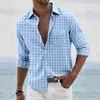 2025 Nova Camisa Xadrez Masculina Transfronteiriça Europeia e Americana Verão Casual Gola Lapela Manga Longa Top Praia Solta