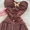 Vestido Retro de Mariposa sin Tirantes Hombros Descubiertos para Mujer, Nuevo Vestido Largo de Malla Línea A Delgado de Cintura Alta, Atuendo Elegante