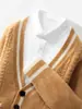 Cardigã Color Block com Bolsos Duplos 100% Lã Masculino Outono e Inverno Jaqueta Tricot Color Block Geométrica Top Solto Masculino