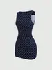 Vestido Popular Elegante para Mujer de Estilo Europeo y Americano Transversal sin Mangas Cuello Redondo Ajustado Lunares Cintura Plisada