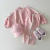 Conjunto de dos piezas de manga larga y pantalón largo para niño/a estilo coreano ins personalizado, estilo patchwork primavera y otoño, conjunto deportivo de dos piezas para bebé niña con lazo