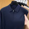 Suéter polo de meia-zip estilo Old Money para homens, primavera/outono 2026, casual de negócios, luxo leve, gola virada, malha, camiseta de baixo