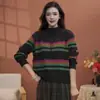 Suéter de Punto Rayado de Cuello Alto Medio Estilo Retro Literario para Mujer Otoño e Invierno 2025 Nuevo Hilo de Algodón Versátil Camiseta de Base Top
