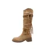 Botas de Piel de Vaca con Tacón Grueso para Mujer, Hasta la Rodilla, Estilo Vintage Otoño e Invierno, Adornadas con Borlas, Efecto Adelgazante, Botas de Montar a Media Pantorrilla