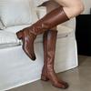 Botas de Cavaleiro Estilo Retrô em Couro Bovino de Primeira Camada Lavado para Mulheres, Botas de Salto Grosso Altas para Mulheres, Botas Slim que Vão até o Joelho