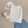 Camiseta única e bonita de renda, comprimento médio, manga longa, gola redonda, chiffon liso, top estilo coreano, gentil e estiloso, versátil