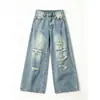 Jeans rectos desgastados lavados de moda estilo americano para hombres y mujeres, pantalones versátiles holgados de pierna ancha estilo vintage de longitud completa para otoño