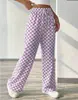 Calça Casual Solta de Cintura Alta e Perna Larga com Estampa Xadrez Nova Primavera e Outono 2025 Amazon Aliexpress Europeia e Americana