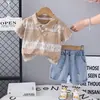 Comercio Exterior Vestido de Verano Traje de Manga Corta Conjunto Delgado de Bebé Niño de Verano Conjunto de Dos Piezas de Moda con Manchas y Letras Verticales de Manga Corta