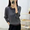 Suéter gris de punto trenzado con cuello para mujer, nuevo estilo otoño e invierno, con botones de contraste, top casual, suéter básico moderno y elegante