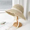 Novo chapéu de palha de verão com fita de renda, chapéu feminino de aba larga, chapéu bucket, chapéu de praia, proteção solar, adequado para viagem, dobrável