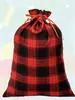 Bolsa de lino y poliéster con bolsillo a cuadros rojos y negros para Navidad, bolsa para guardar dulces y galletas, bolsa de regalo con cordón