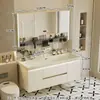 Gabinete de baño con lavabo integrado de piedra chapado en oro de lujo ligero estilo italiano, juego de tocador para baño