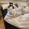 Super Suave Dormir Desnudo Algodón Lavado con Agua Pura Rayas Cuadros Juego de Cuatro Piezas Sencillo Funda de Edredón de Algodón Puro Sábana Bajera Juego de Tres Piezas para Dormitorio de Estudiante