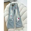 ChaoLi tem em estoque calças jeans bordadas de gatinho para mulheres, design solto de cintura alta para outono, perna larga, comprimento do chão
