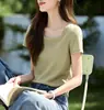 Elegante Top Versátil de Cuadrados Waffle con Cuello Cuadrado Adelgazante 2026 Verano Nuevo Camiseta Sencilla de Color Sólido con Cuello en U de Manga Corta para Mujer