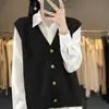 Cardigã colete de lã pura, tricotado, feminino, gola V simples, versátil para outono e inverno, fio macio, estilo para o dia a dia, top sem mangas