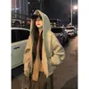 Moletom com Capuz Estilo Casual Americano para Mulheres no Outono e Inverno Veludo Simples Espessado Zíper Solto Jaqueta Cardigan com Zíper