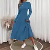 Amazon Europeo y Americano Tallas Grandes Exportación Otoño e Invierno Color Sólido Cuello Redondo Vestido Moda Casual Cepillado Canalé Vestido