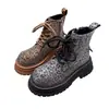 Botas para Mujer con Pedrería Completa de Diamante Estampado de Leopardo con Cordones 2025 Nuevas Botas de Motocicleta Botines Versátiles para la Calle Otoño e Invierno