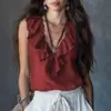 2026 Amazon Europeo y Americano Estilo Bohemio Camisa sin Mangas con Cuello en V Fruncido Top de Moda Elegante para Mujer