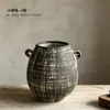 Jarrón de cerámica rústica vintage cepillado a mano, maceta de barro envejecida estilo wabi-sabi, sensación de alta gama, jarrón de arte grande para arreglo floral de sala de estar