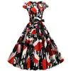 C5501 Cross Border Natal Hepburn Estilo Vintage Feminino Gola Redonda Manga Estampada Grande Vestido Swing com Fita Preta