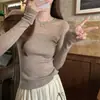 Top de punto patchwork semitransparente para mujer, de manga larga, fino, corte ajustado, camiseta base, nuevo estilo otoño 2025