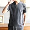 Verão Masculino Algodão Linho Fino Cor Sólida Juventude Popular Camiseta de manga curta Estilo Chinês Masculino Solto Casual Decote em V Top