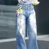 Calça Jeans Jeans Casual Americano Versátil de Perna Larga para Homem, Estilo Novo Graffiti Ponto Solto Marca Tendência Lavado Reto