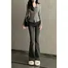Jeans acampanados de tiro alto color gris humo, corte ajustado para mujer, pantalones bootcut elásticos versátiles de tiro alto para verano, largo hasta el suelo
