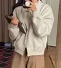 Sudadera chaqueta gruesa de forro polar con cremallera bidireccional, estilo chic coreano para mujer, para ir al trabajo, top casual holgado de otoño e invierno