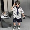 Conjunto de Tres Piezas de Camisa de Tela Patchwork de Pony para Niños de Verano, Elegante Conjunto de Camisa de Manga Corta para Niños, Atuendo de Verano Moderno para Bebés