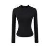 Camiseta Básica Americana de Cuello Redondo con Interior de Terciopelo para Mujer Otoño Nueva Elástica Ajustada Hombro Derecho Jersey