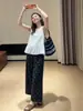 Traje de verão super estiloso: um conjunto completo de top sem mangas estilo coreano feminino e calça pantalona de bolinhas nove pontos conjunto de moda