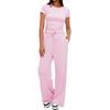 2026 Transfronterizo Europeo y Americano Amazon Nuevo Producto Color Sólido Casual Manga Larga Traje Top Pantalones de Pierna Ancha de Cintura Alta Ropa Deportiva