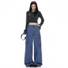 Calça Cargo Laranja Lisa de Cor Sólida com Múltiplos Bolsos Wide Leg para Crianças, Mulheres, Solta, Emagrecedora, Personalidade, Casual, Versátil, Comprimento Total