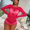 Body Vazado com Strass para Mulheres, Manga Longa, Costas Nuas, Tela, Macacão Sexy Totalmente com Strass para Boate, Roupa da Moda Hot Girl