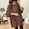 Algodón Suave Lavado Color Sólido Largo Medio Cuello Redondo Manga Corta Camiseta para Mujer Talla Grande Estilo Coreano Holgada Adelgazante Top Casual para Verano