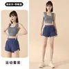 Traje deportivo de verano para mujer con almohadilla en el pecho incorporada, chaleco, pantalones cortos de dos piezas simulados, cintura alta, secado rápido, para fitness, correr por la mañana, conjunto de yoga