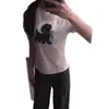 Camiseta de Manga Corta con Estampado de Lunares Retro Americano y Cachorro con Lazo para Mujer 2026 Nuevo Estilo Ajustado Cuello Redondo