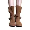 Nuevas Botas Vaqueras de Moda de Diseño de Nicho que Aumentan la Altura para Mujer con Hebilla de Cinturón, Uso Bidireccional, Botines de Piel de Ante, Color Café, Adulto