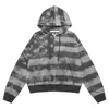 Cárdigan con capucha a rayas de estrella de cinco puntas vintage de nicho en bloqueo de color gris y negro Sudadera holgada retro tie-dye moderna con cremallera