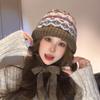 Touca de Tricô Jacquard Vintage com Amarração para Mulheres, Quente e à Prova de Frio para Outono e Inverno, Gorro de Tricô que Afina o Rosto