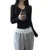 Camisa de encaje con cuello en V de manga larga, estilo chic coreano y francés, camiseta para mujer, capa interior de primavera/otoño, capa base, top corto ajustado