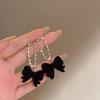 Aretes de Moño Negro Retro Francés, Estilo Largo, Nuevo Trendy Elegante, Estilo Caliente de Celebridad de Internet Hepburn, Aretes de Diamantes Brillantes