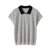 Blusa de Tricô de Linho com Listras Francesas em Cores Contrastantes Manga Bufante Feminina Retrô Gola Redonda Manga Curta Primavera Verão Nova Atacado