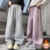 Pantalones con forro polar para niña, otoño/invierno 2024, nuevos pantalones holgados informales coreanos de pierna ancha a rayas para niños.